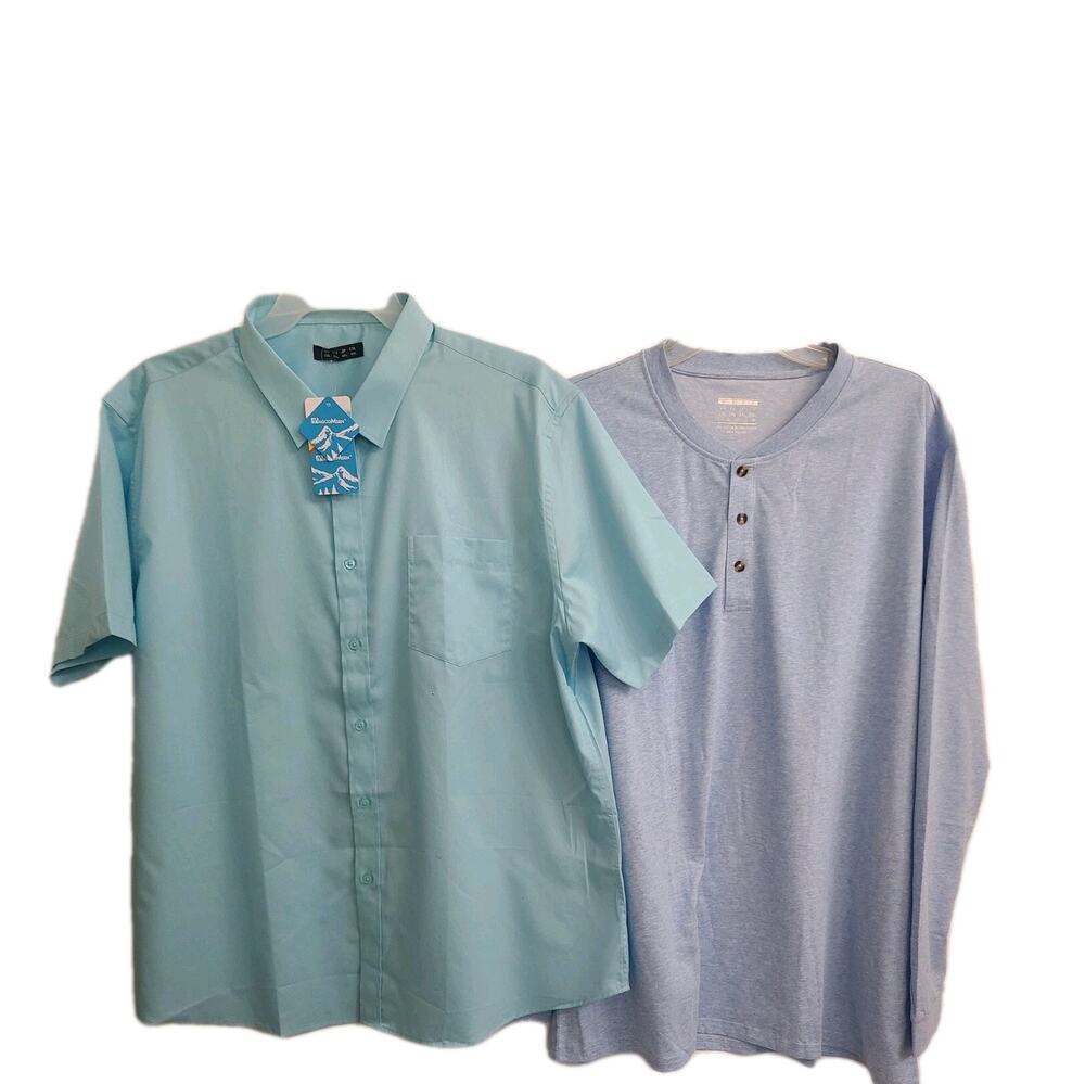 Men’s Shirt Lot 2XL 3XL Blue Henley Aqua Short Sleeve Button Down 2 Pieces